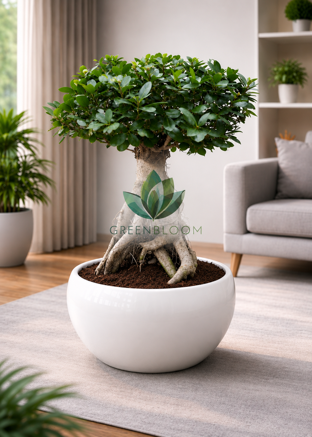 Ficus Ginseng Bonsai Tree in a white ceramic pot, elegant indoor bonsai plant for home and office décor, available with fast delivery across Lebanon from Green Bloom.